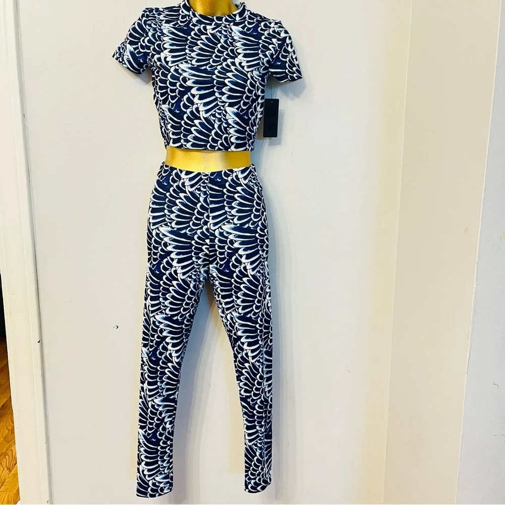 Ed Hardy Y2K Blue Print Two Piece Set Crop Top Pants Matching Co Ord